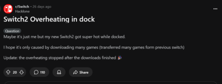 Сообщение Reddit о перегреве док-станции Switch 2 (Источник изображения: скриншот, Switch subreddit)
