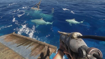 Изображение, показывающее акул в игре Stranded Deep.