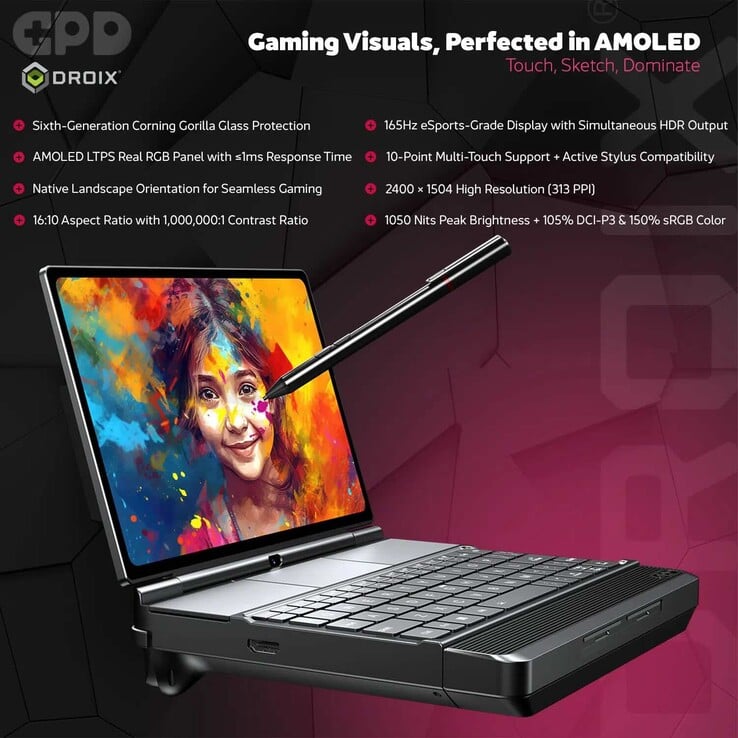 Игровой портативный консоль GPD Win Max 3 оснащена 9,06-дюймовым AMOLED-дисплеем с частотой обновления 165 Гц.