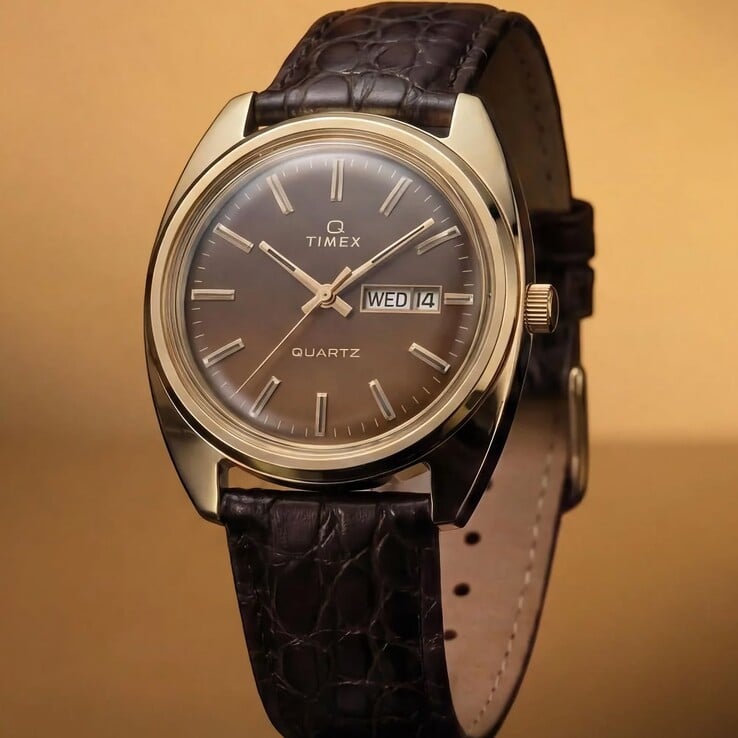 Перевыпуск Timex Q 1976 Day and Date с циферблатом с дымчато-коричневым градиентом, метками золотистого цвета и тёмно-коричневым кожаным ремешком с тиснением под крокодила.