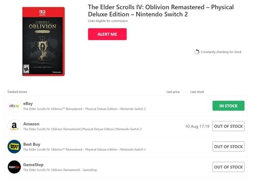 Трекер HotStock для игры Oblivion Remastered, версия для Nintendo Switch 2