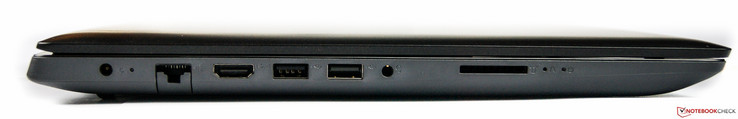 Левая сторона: разъем питания, Ethernet, HDMI, 2 x USB Type-A (1 x USB 3.0, 1 x USB 2.0), комбинированный аудио разъем, картридер