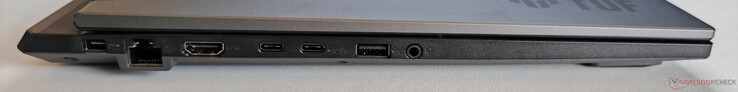 Слева: Блок питания, гигабитный Ethernet, HDMI 2.1 FRL, USB-C 3.2 Gen2 (10 Гбит/с, DisplayPort 2.1-out), USB-C 3.2 Gen.2 (10 Гбит/с, DisplayPort 2.1-out, G-Sync, Power Delivery 3.0), USB-A 3.2 Gen2 (10 Гбит/с), 3,5 мм аудиоразъем