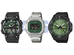 На фото (слева направо): Casio AEQ-110W-3A2V, W-218HD-3AV и MRW-210H-3BV.