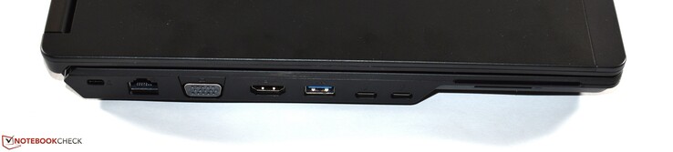 Левая сторона: слот замка Kensington, Ethernet, VGA, HDMI, USB 3.0 Type-A, 2x Thunderbolt 3
