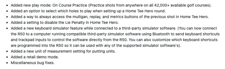 Журнал изменений для системного программного обеспечения 8.40 для Garmin Approach R50. (Источник изображения: скриншот с форума Garmin)