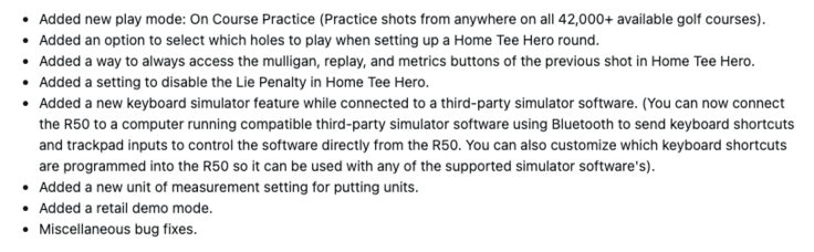 Журнал изменений для системного программного обеспечения 8.40 для Garmin Approach R50. (Источник изображения: скриншот с форума Garmin)
