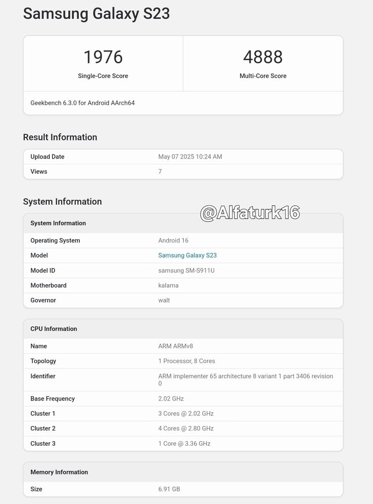 Похоже, что "Galaxy S23" работает на Android 16 в Geekbench. (Источник: Geekbench через @Alfaturk16 на X)