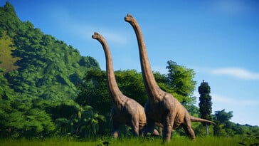 Изображение, показывающее двух брахиозавров в игре Jurassic World Evolution.
