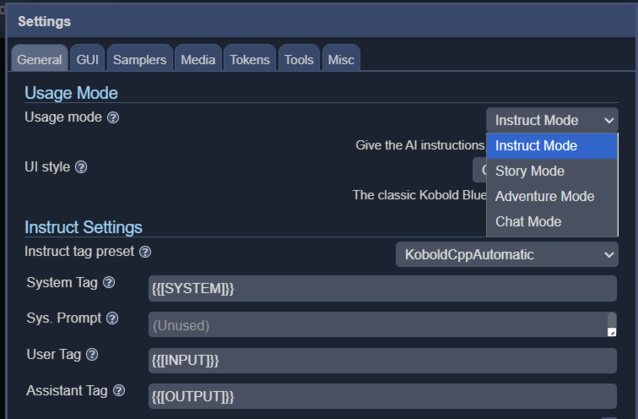 Инструкция используется для того, чтобы давать LLM инструкции, чат похож на чатбота, история подходит для написания романов, а приключения - для интерактивной фантастики в стиле RPG.