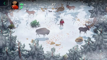 Изображение, на котором запечатлены персонаж и животные из игры «The Oregon Trail».