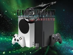 Логотип Final Fantasy 7 Rebirth над консолями Xbox и хранилищем