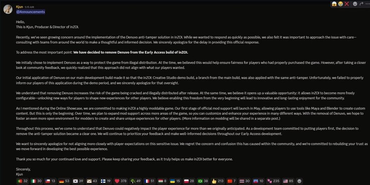 Объявление об удалении InZOI Denuvo (Источник изображения: скриншот, InZOI discord)