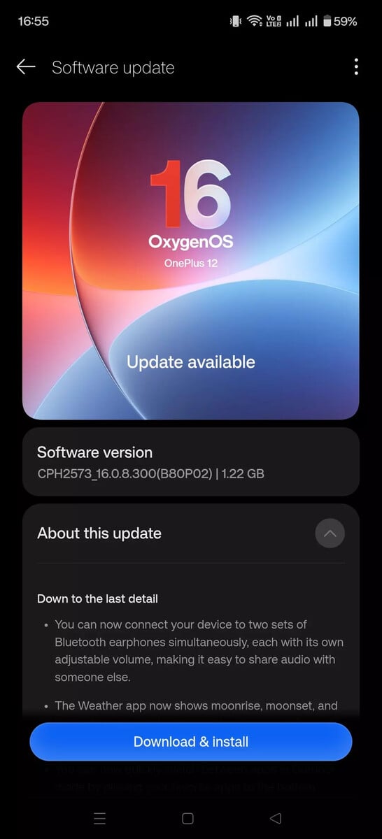 Экран обновления программного обеспечения OnePlus 12, на котором отображается обновление OxygenOS 16.0.8.300 с указанием новой поддержки двойного аудиопотока по Bluetooth и других добавленных функций.