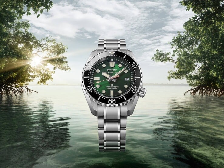 Seiko Marinemaster HBF003J1 на браслете из нержавеющей стали на фоне тропического мангрового пейзажа с зелёной листвой, спокойной водой и солнечным светом на заднем плане.