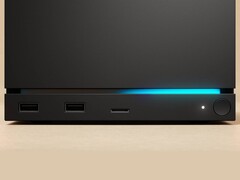 Вид спереди Valve Steam Machine с двумя портами USB, портом USB-C, светодиодным индикатором питания, круглой кнопкой питания и синей светодиодной лентой. (Источник изображения: Valve)