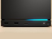 Вид спереди Valve Steam Machine с двумя портами USB, портом USB-C, светодиодным индикатором питания, круглой кнопкой питания и синей светодиодной лентой. (Источник изображения: Valve)