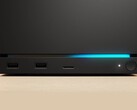 Вид спереди Valve Steam Machine с двумя портами USB, портом USB-C, светодиодным индикатором питания, круглой кнопкой питания и синей светодиодной лентой. (Источник изображения: Valve)