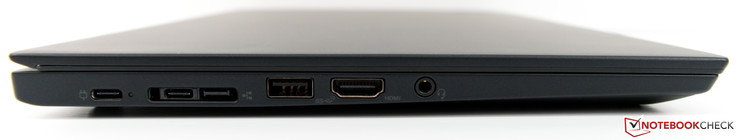 Левая сторона: 2x USB Type-C 3.1 (Gen.2 w/ DisplayPort), Mini-Ethernet/Docking, USB Type-A 3.1 (Gen.2), HDMI 2.0, комбинированный аудио разъем