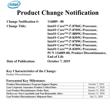 Документ об изменении продукта Kaby Lake-G. (Источник: Intel)