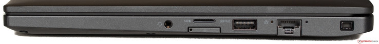 Правая сторона: аудио разъем, слот microSD и лоток microSIM, порт USB 3.1, Ethernet, слот замка Noble security
