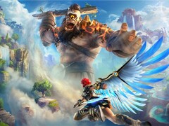 Феникс парит на светящихся голубых крыльях, сталкиваясь с возвышающимся огненным гигантом в мифическом открытом мире Immortals Fenyx Rising. (Источник изображения: Ubisoft)