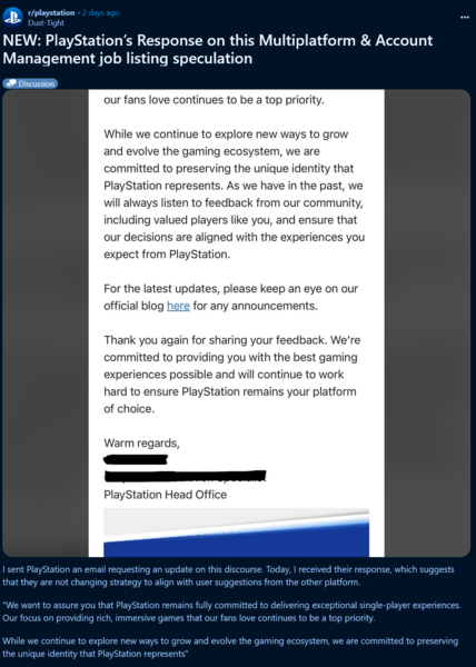 Ответ PlayStation на жалобу о кроссплатформенных играх для PS5 (Источник изображения: скриншот, PlayStation subreddit)