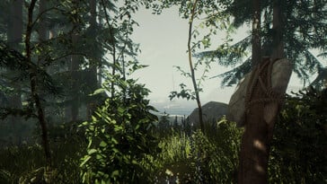 Изображение, на котором запечатлены пейзаж и лодка в игре «The Forest».