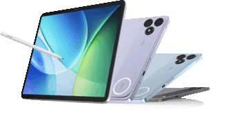 Планшет Blackview Zeno 6 со стилусом, показанный рядом с задними панелями фиолетового, синего и серого цветов.