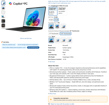Листинг Microsof Surface Laptop 7 на Amazon (источник изображения: Amazon)