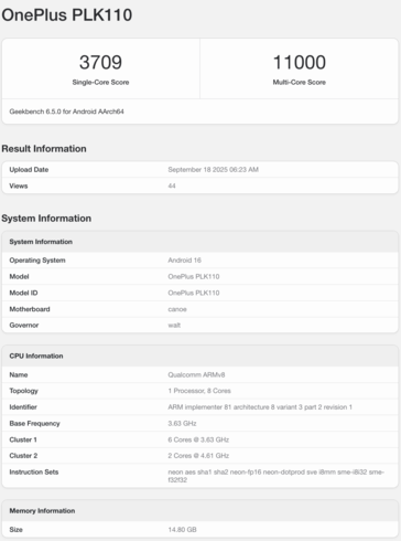 OnePlus 15 с Snapdragon 8 Elite Gen 5 появился на Geekbench. (Источник изображения: Geekbench)