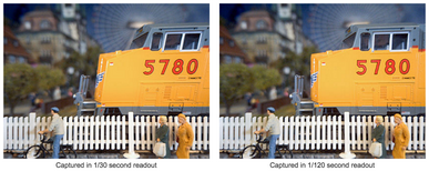 Фотография. Обратите внимание на искажение на левом фото: нос поезда кажется скошенным. (Изображение: Sony)