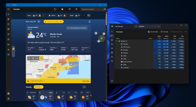 Приложение «Погода» в Windows 11 потребляет более 1 ГБ оперативной памяти.