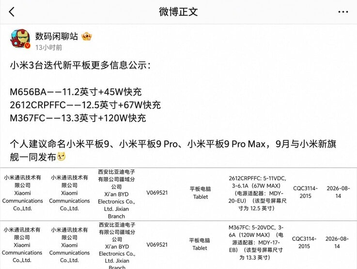 Канал Digital Chat Station раскрыл подробности о серии Xiaomi Pad 9 в Weibo