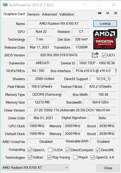 Вывод GPU-Z для тестовой RX 6700 XT