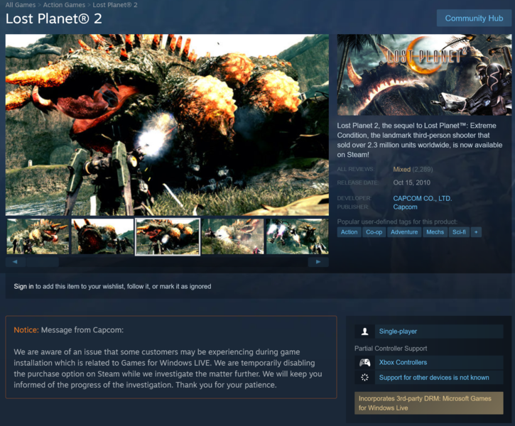 Страница Lost Planet 2 в Steam с обновленной информацией от Capcom о мультиплеере (Источник изображения: Steam)