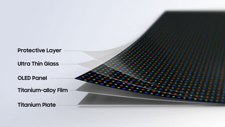 Конструкция Flex Titanium от Samsung предусматривает установку пленки из титанового сплава и титановой пластины под OLED-панелью и ультратонким стеклом.