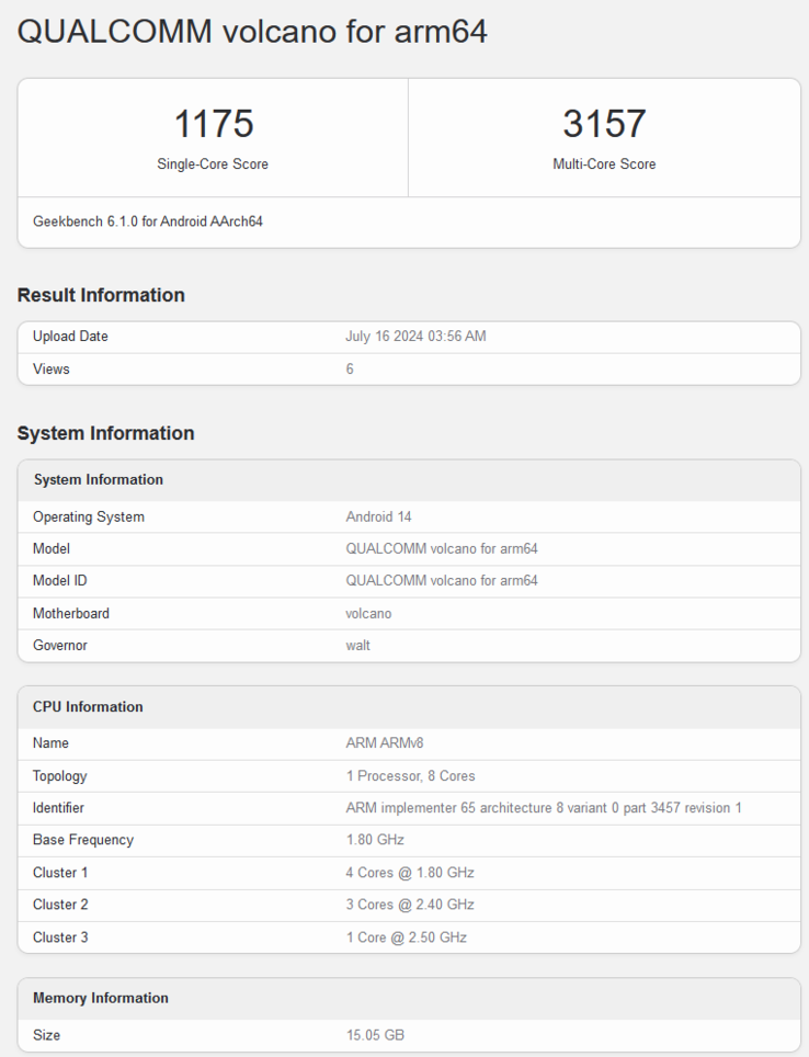 В листинге Geekbench для Snapdragon 7s Gen 3 также указаны результаты одноядерного и многоядерного тестов - 1 157 и 3 157 соответственно. (Источник: Geekbench)
