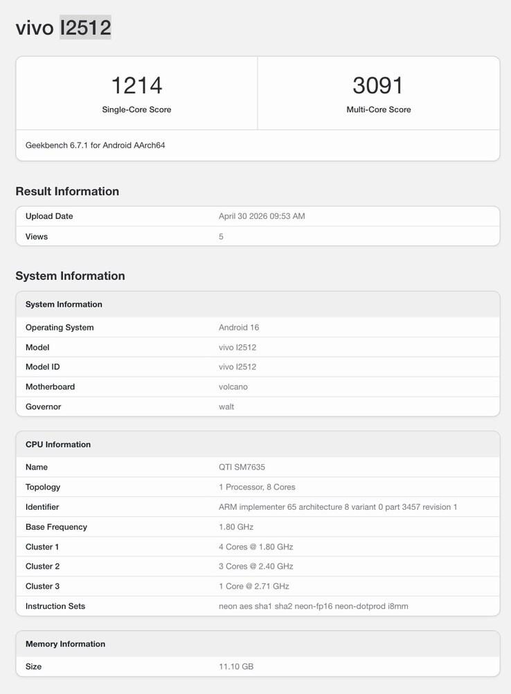 Листинг iQoo Z11 в Geekbench.
