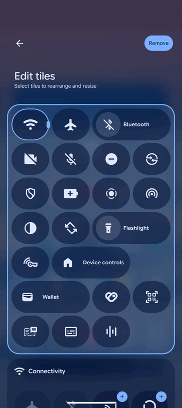 Выравнивание на экране редактирования плиток Быстрых настроек (Источник изображения: 9to5Google)