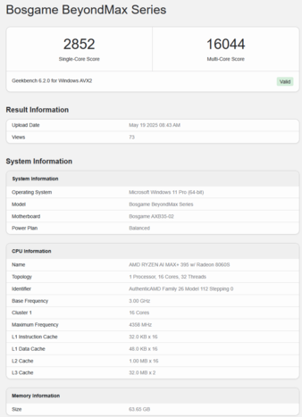 Рабочий стол Bosgame M5 AI Mini на Geekbench (источник изображения: Geekbench)