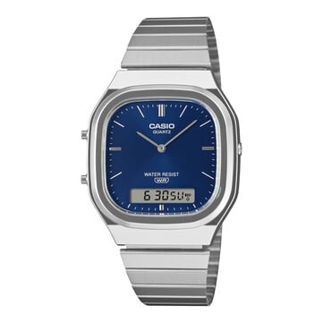 Ретро-часы Casio AQ-240E-2A2 с аналогово-цифровым дисплеем, синим циферблатом с солнечным узором, корпусом серебристого цвета и браслетом из нержавеющей стали.