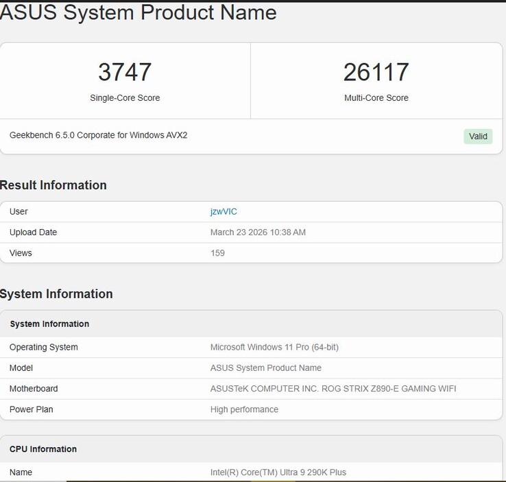 Производительность Core Ultra 9 290K Plus Geekbench 6.5.