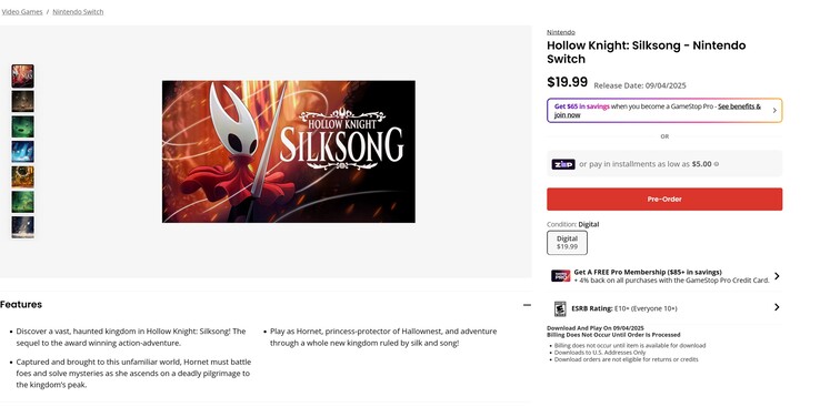 Hollow Knight: Silksong Листинг предварительного заказа GameStop Switch (Источник изображения: скриншот, GameStop)