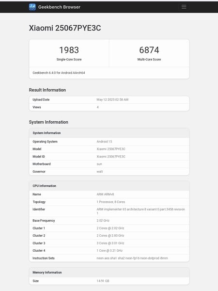 Листинг Xiaomi Civi 5 Pro в Geekbench (источник изображения: Abhishek Yadav on X)