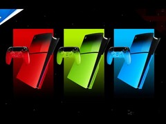 Художественный рендер консоли PS5 и контроллера Dual Sense в красном, зеленом и синем цветах.