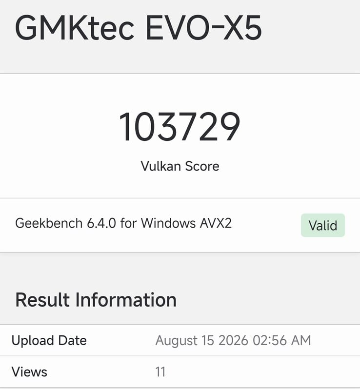 Запись о GMKtec EVO-X5 в базе данных Geekbench