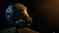 Крупный план реплики шлема спартанца из коллекционного издания Metro 2039 с тёмным визором, встроенными элементами противогаза и следами боевых повреждений.