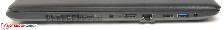 Слева: гнездо зарядного устройства, кнопка "One key recovery", USB 2.0, USB 3.1, 3.5 мм комбинированный аудио разъем