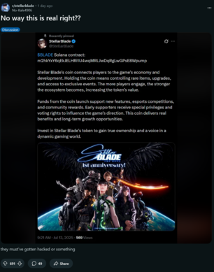 Взломанный аккаунт Stellar Blade X с сообщением о мошенничестве с криптовалютой (Источник изображения: скриншот, сабреддит Stellar Blade)